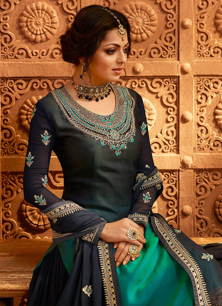 Blue And Turquoise Dual Bottom Lehenga/Pant Kurti Set