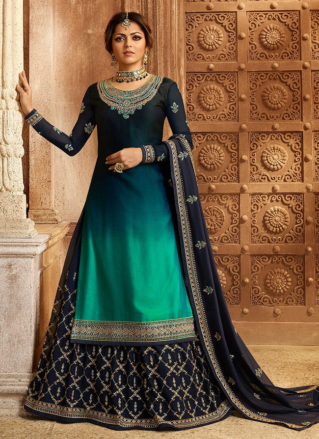 Buy Indian Blue And Turquoise Dual Bottom Lehenga Pant Kurti Set for Women Online in USA UK Canada Australia Germany New Zealand and Worldwide at Best Price