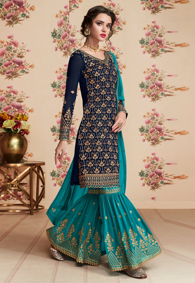 Blue Dual Tone Embroidered Gharara Palazzo Suit