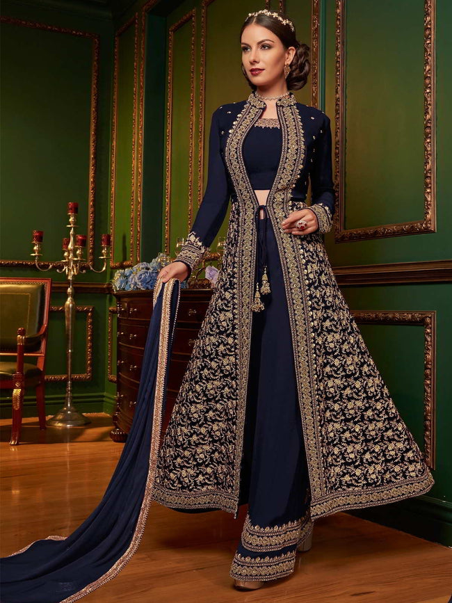 Blue Rouge Ethnic Embroidered Jacket Style Palazzo Suit