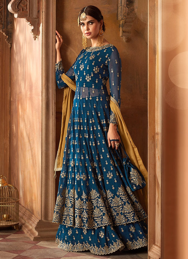 Blue Royal With Ochre Embroidered Flared Anarkali Lehenga Suit