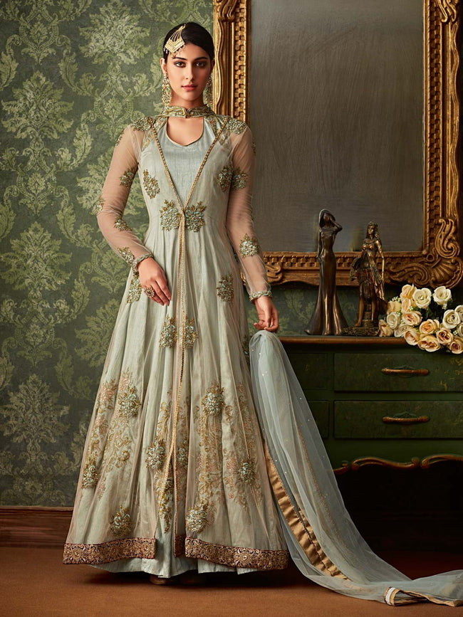 Buy Indian Bluish Grey Embroidered Overcoat Anarkali Gown Suit for Women  Online in USA, UK, Canada, Australia, Germany, New Zealand and Worldwide at  Best Price