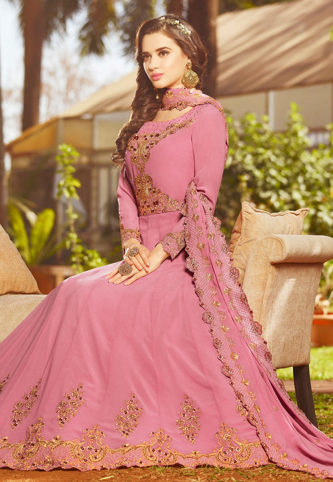 Blush Pink Golden Embroidered Georgette Anarkali Suit