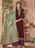 Brown And Green Combination Embroidered Palazzo Suit