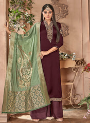 Brown And Green Combination Embroidered Palazzo Suit