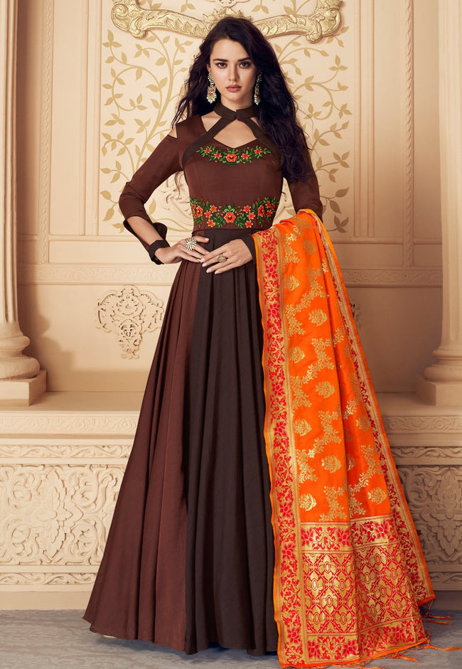 Brown And Orange Embroidered Satin Anarkali Suit