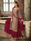 Brown And Red Traditional Embroidered Palazzo Suit
