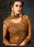 Brown Overall Traditional Embroidered Flared Anarkali Suit