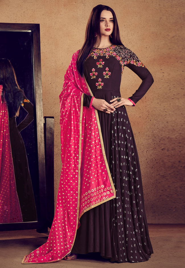 Burgundy And Pink Embellished Anarkali Suit