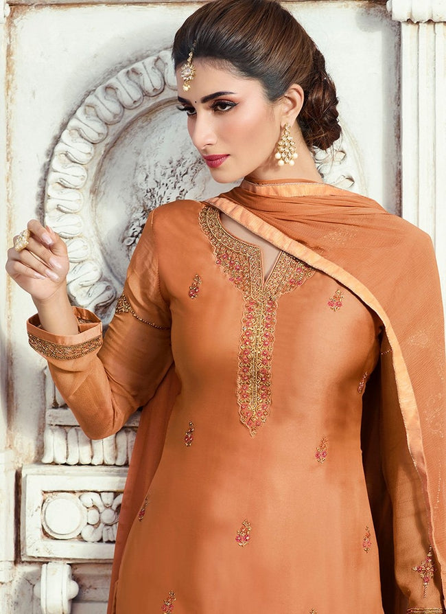 Burnt Orange Embroidered Georgette Palazzo Suit