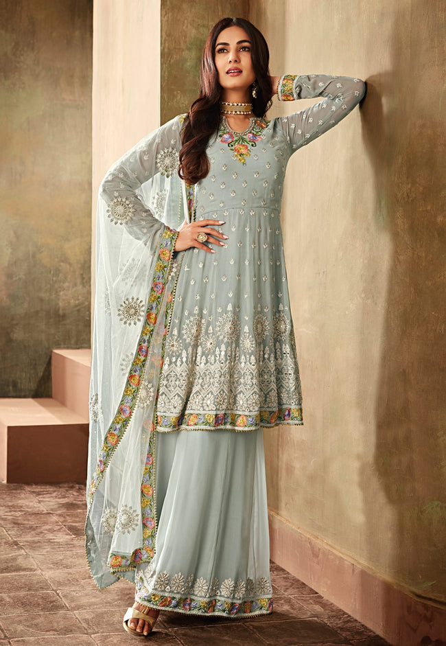 Chic Blue Multicoloured Embroidered Palazzo Suit