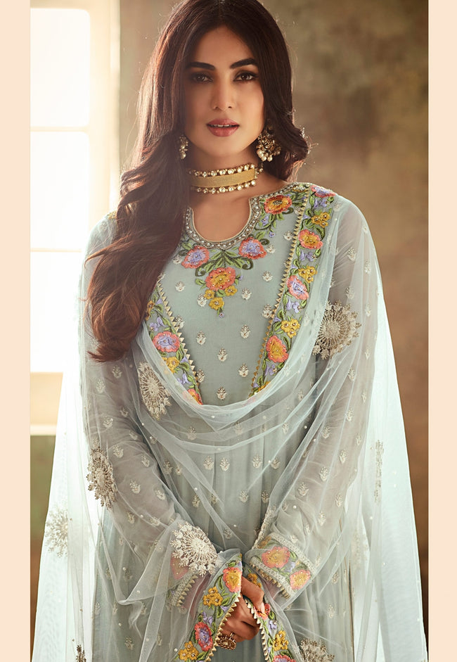 Chic Blue Multicoloured Embroidered Palazzo Suit