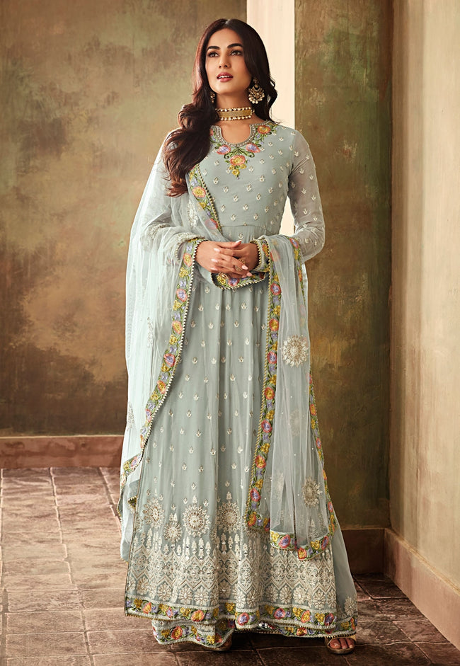 Chic Blue Multicoloured Embroidered Palazzo Suit