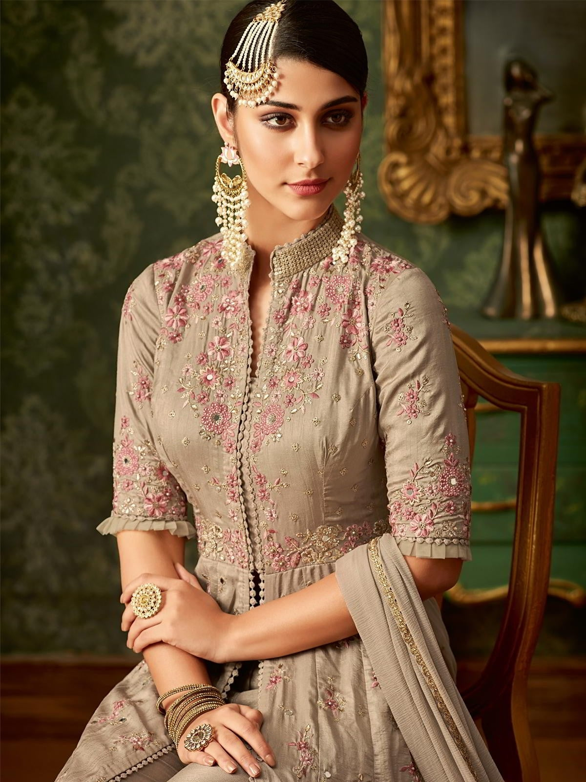 Copper Beige Front Slit Embroidered Anarkali Pant Suit