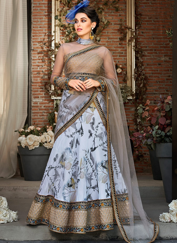 Copper Blue Floral Embroidered Lehenga Choli Suit