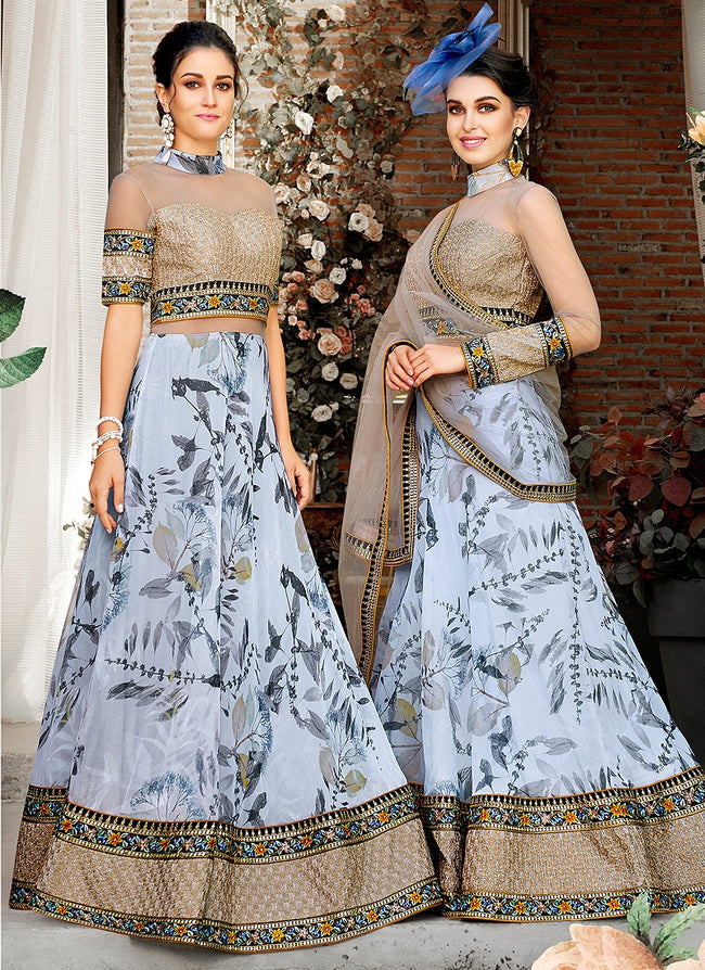 Copper Blue Floral Embroidered Lehenga Choli Suit