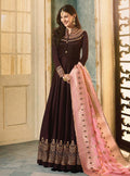 Dark Brown And Pink Motif Embroidered Ghera Anarkali Suit