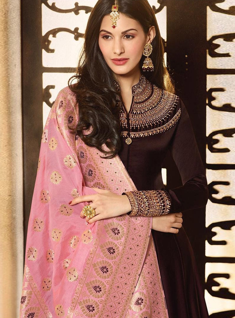 Dark Brown And Pink Motif Embroidered Ghera Anarkali Suit - Hatkay