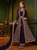 Dark Brown Ethnic Embroidered Jacket Style Palazzo Suit