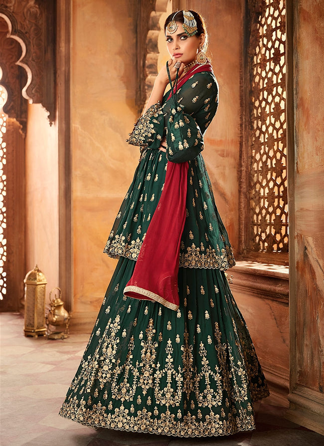 Dark Green And Red Embroidered Peplum Style Gharara Suit