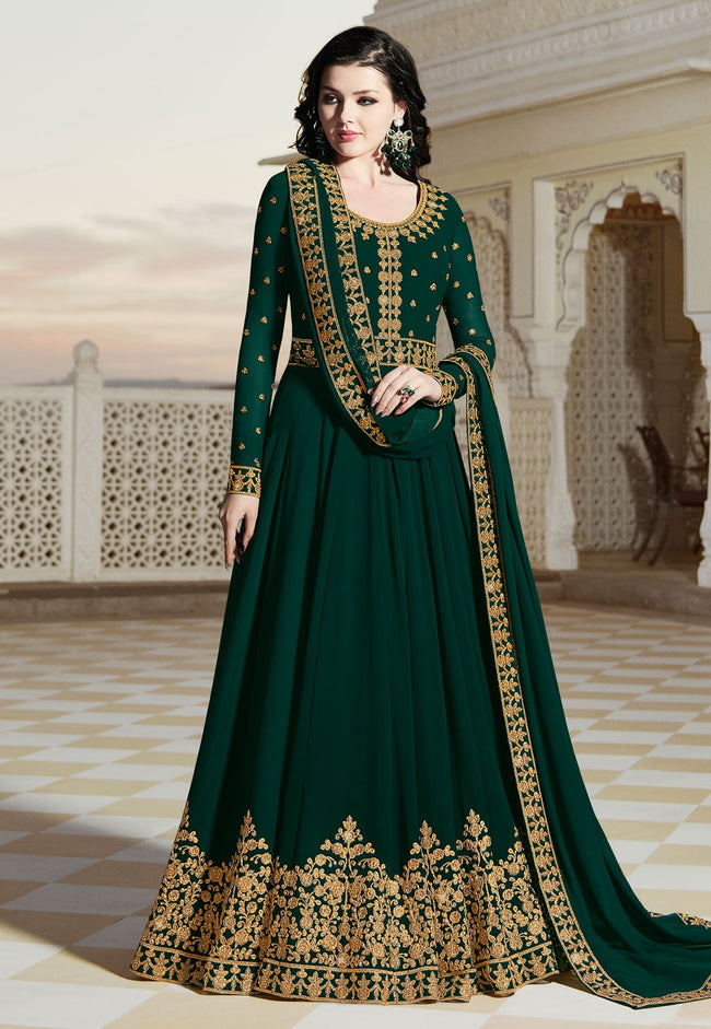Dark Green Elegant  Embroidered Anarkali Suit