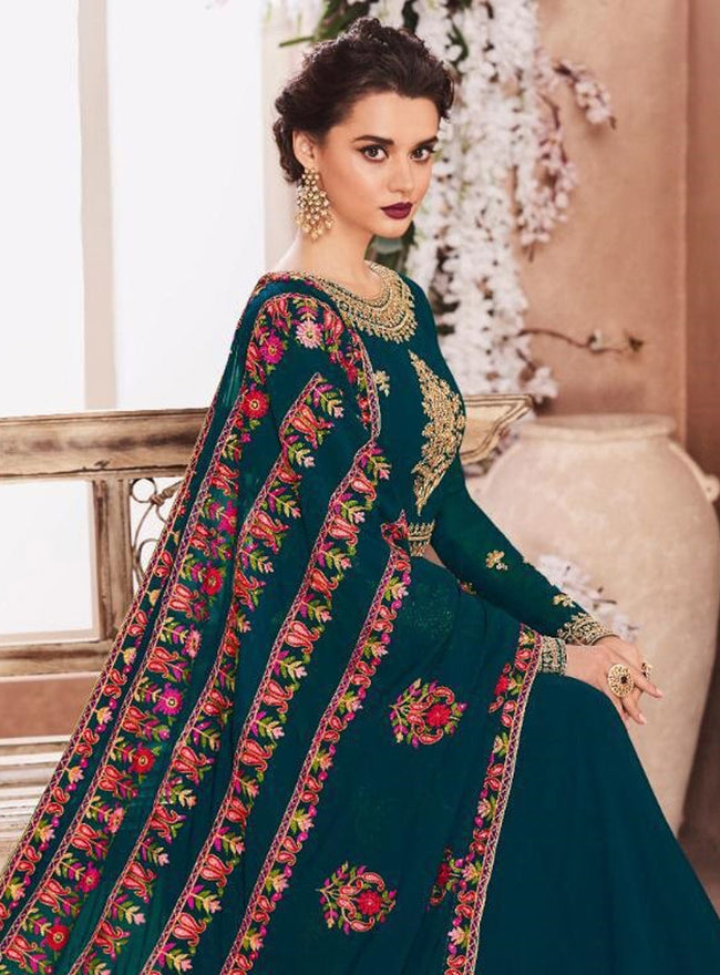 Dark Green Golden Multi Embroidered Flared Anarkali Suit