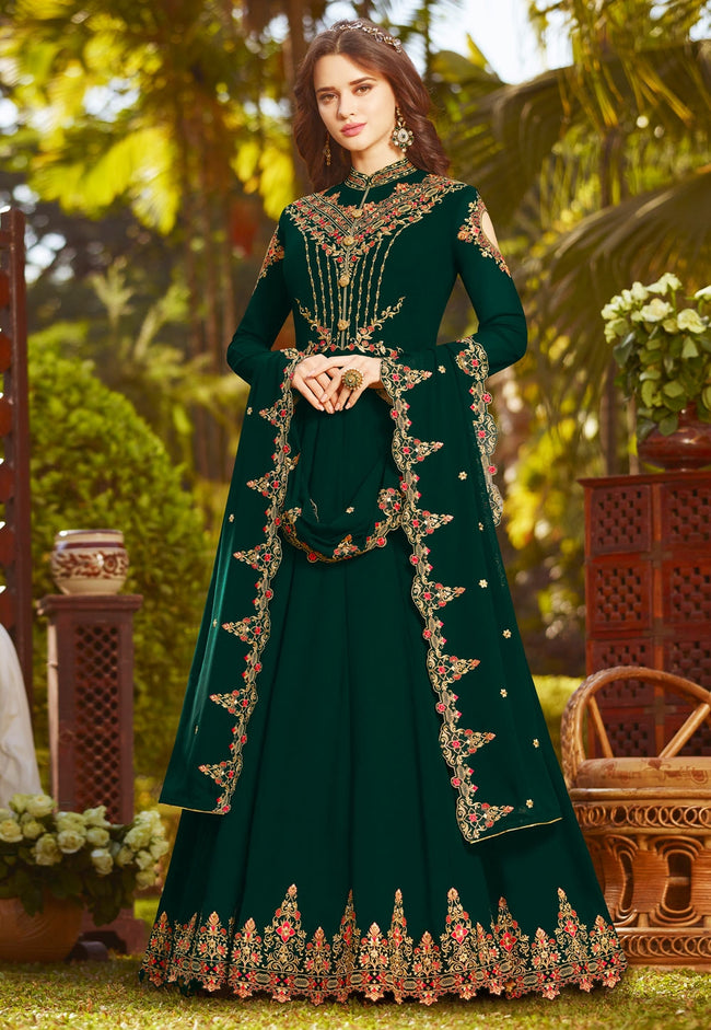 Embroidered Georgette Anarkali Suit in Green