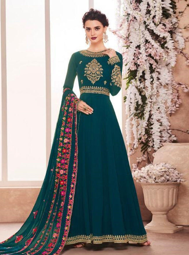 Dark Green Golden Multi Embroidered Flared Anarkali Suit