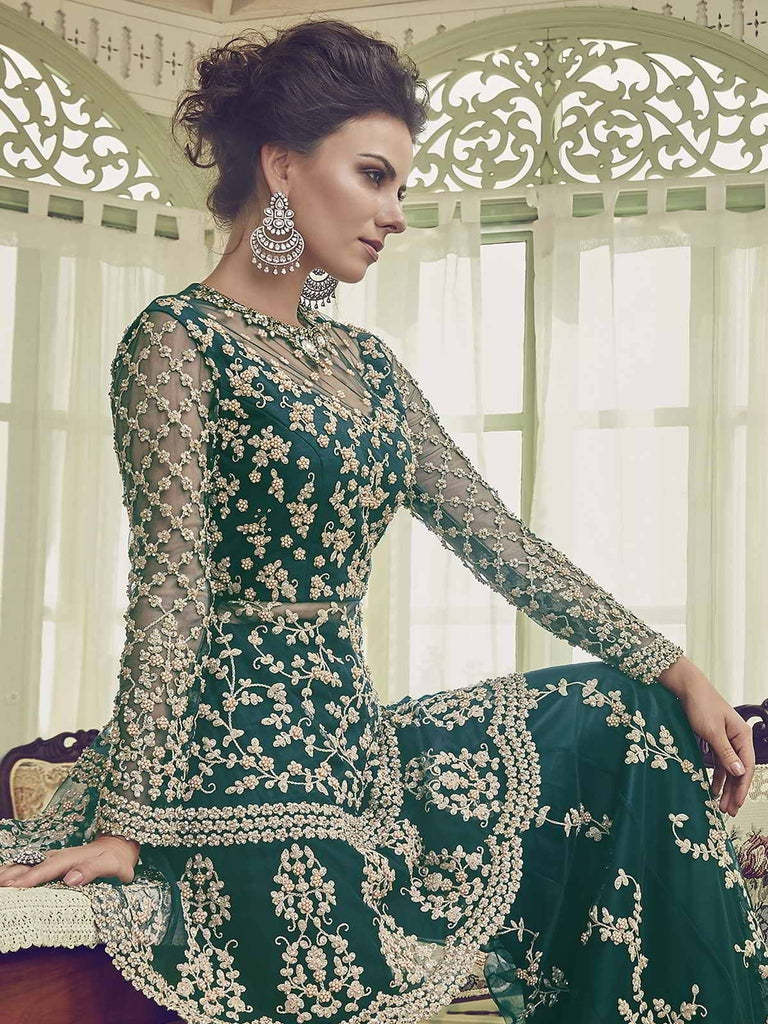 Dark Green Embellished Indian Gharara Palazzo Suit