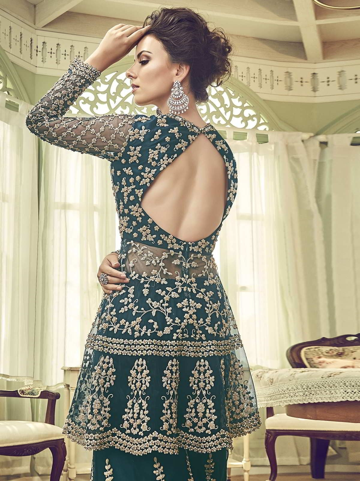 Dark Green Embellished Indian Gharara Palazzo Suit