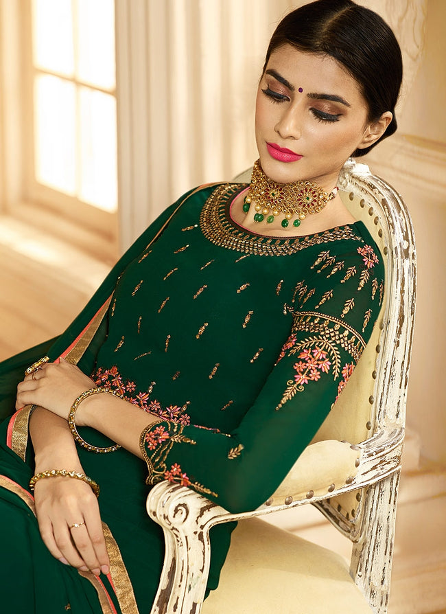 Dark Green Ethnic Multi Embroidered Flared Anarkali Suit