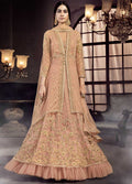 Indian Clothes- Peach Golden Embroidered Designer Lehenga Kurti Set
