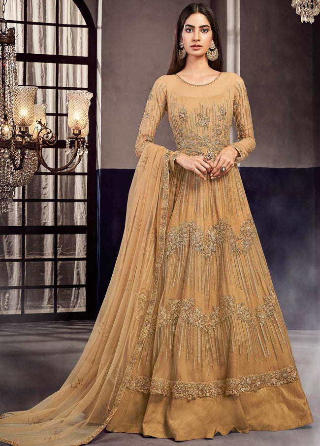 Indian Clothes - Mustard Yellow Embroidered Anarkali Lehenga Suit