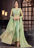Indian Clothes - Pista Green Embroidered Anarkali Pant Suit