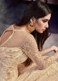Indian Dresses - Beige Golden Embroidered Anarkali Gown Suit