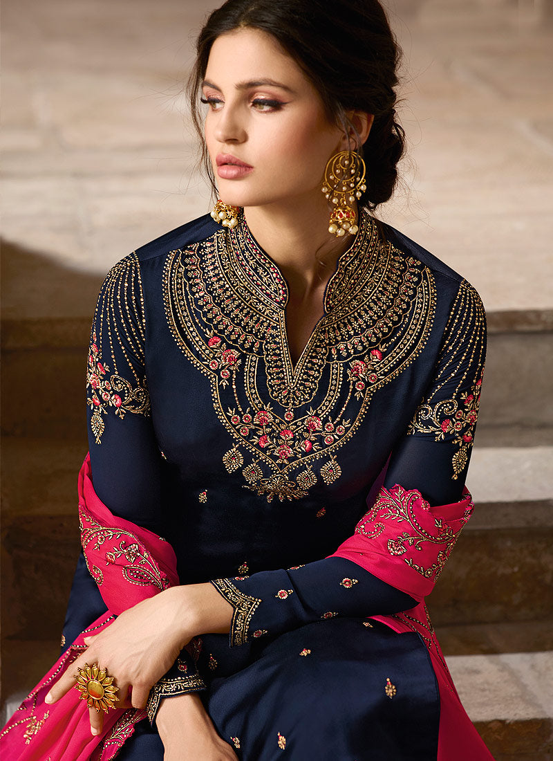 Navy Blue And Pink Traditional Pants Suit, Salwar Kameez