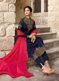 Navy Blue And Pink Traditional Pants Suit
