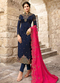 Indian Clothes - Navy Blue And Pink Traditional Pants Suit