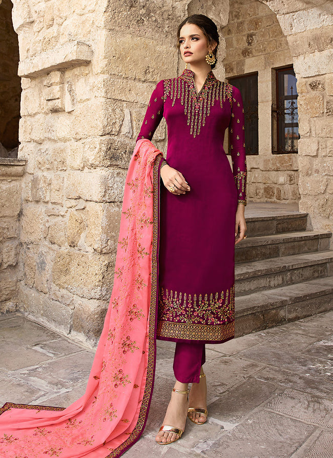 Indian Clothes - Bright Pink And Peach Traditional Pants Suit