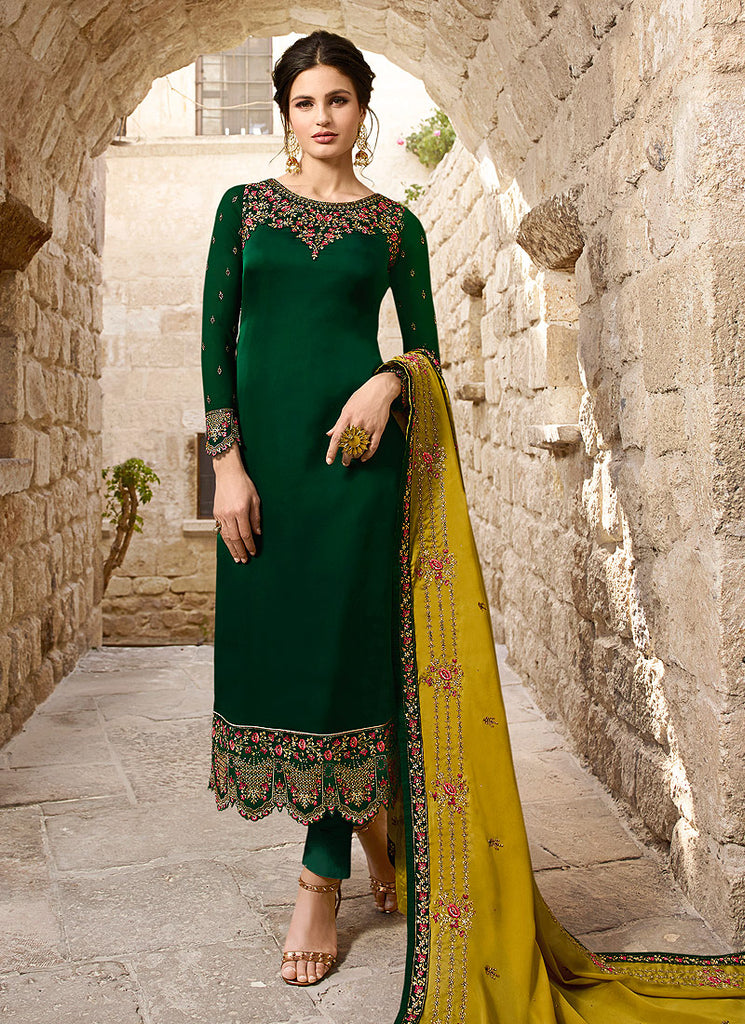 Indian Clothes - Green And Yellow Traditional Pants Suit