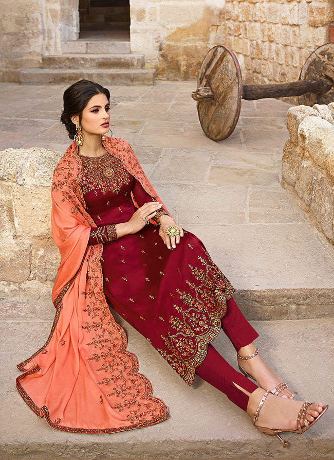 Red And Peach Traditional Pants Suit