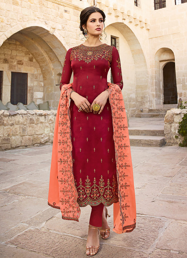 Indian Clothes - Red And Peach Traditional Pants Suit