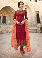 Indian Clothes - Red And Peach Traditional Pants Suit