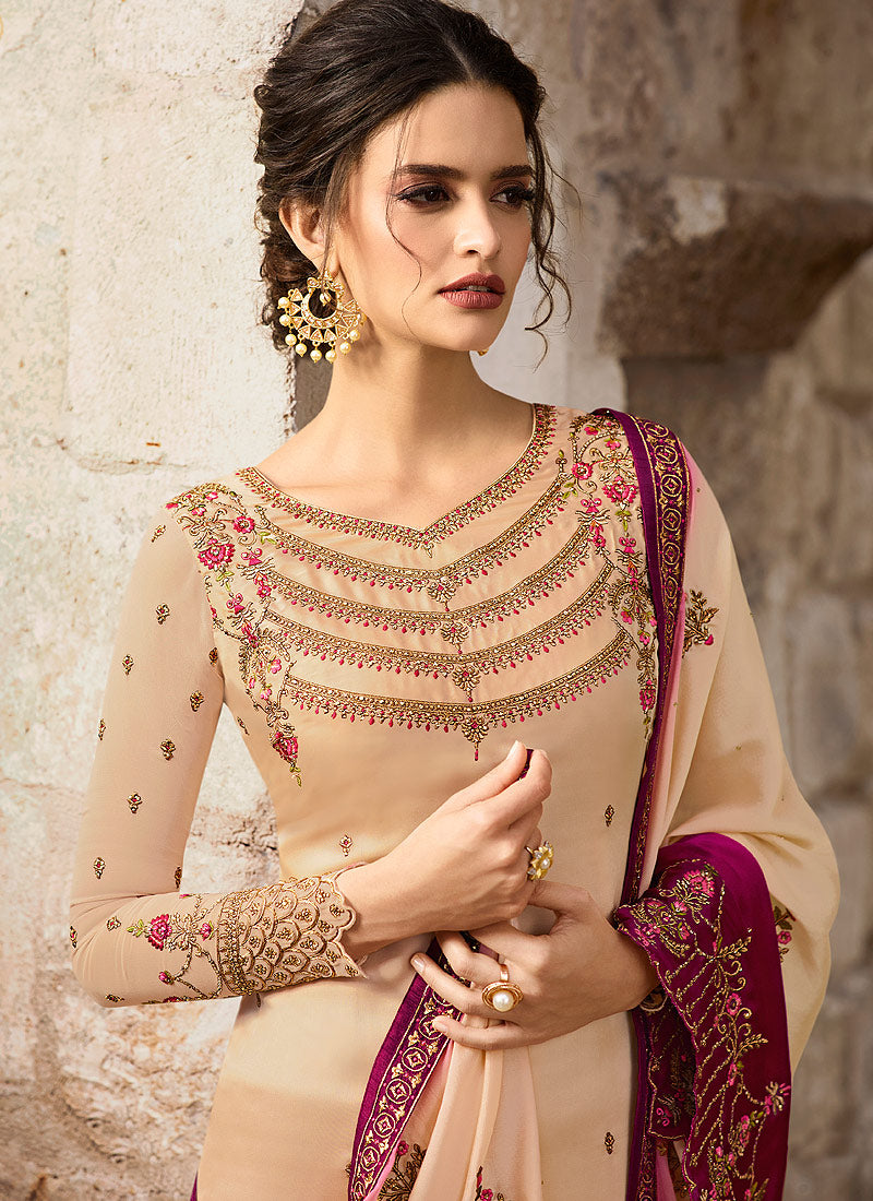 Beige And Pink Traditional Pants Suit