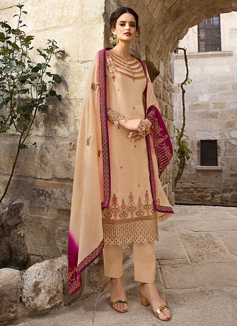 Beige And Pink Traditional Pants Suit
