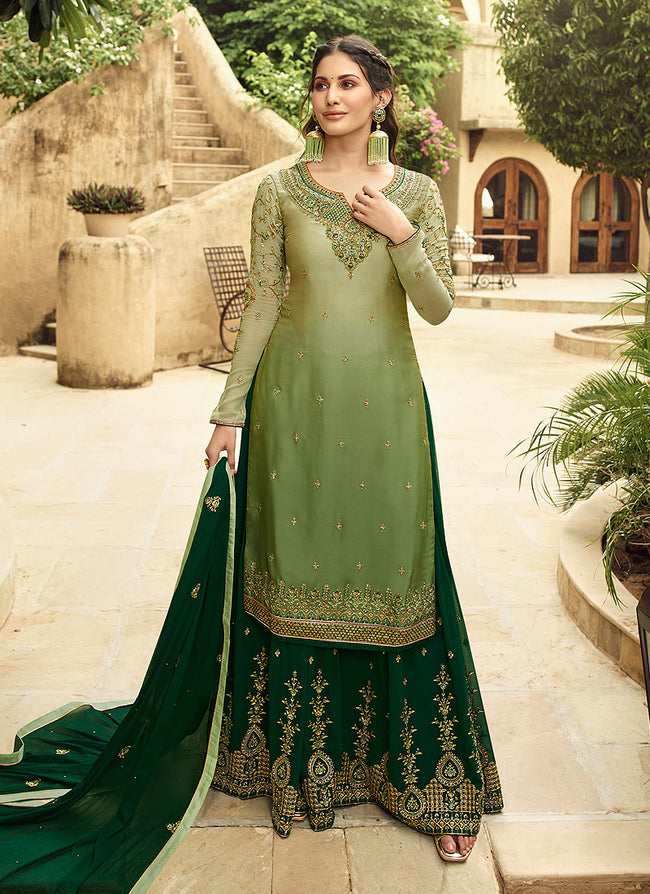 Green Dual Tone Embroidered Designer Sharara Suit