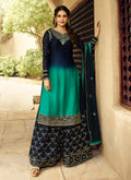 Indian Clothes - Turquoise And Blue Embroidered Designer Sharara Suit
