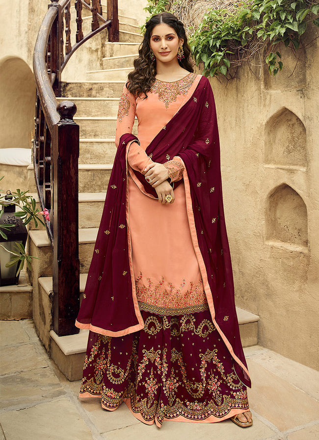 Indian Clothes - Peach And Maroon Embroidered Designer Sharara Suit
