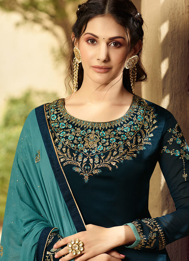 Turquoise And Blue Embroidered Designer Sharara Suit