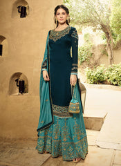 Indian Clothes - Turquoise And Blue Embroidered Designer Sharara Suit